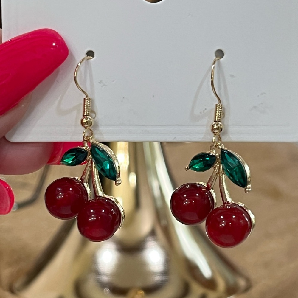 Cherry Red and Green Earrings - Picture 2 of 7
